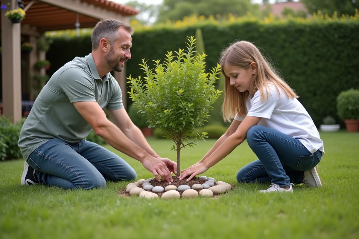 Père et fille décorant un arbre dans le jardin