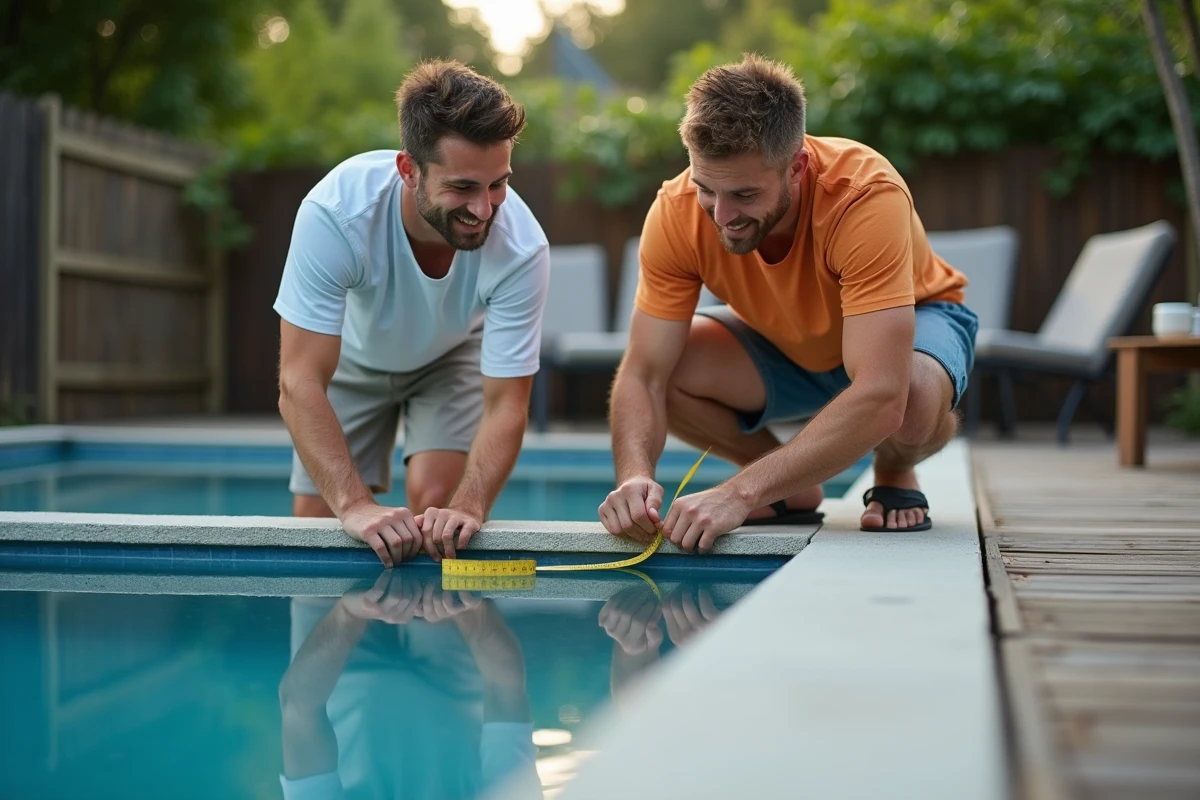 Père et fils mesurant la piscine dans le jardin