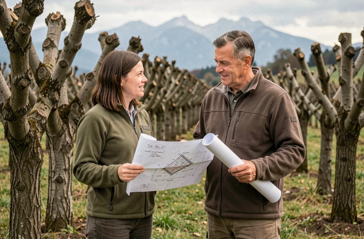 Deux paysagistes consultant un plan d'élagage dans un verger alsacien avec les Vosges en arrière-plan dans le Haut-Rhin