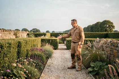 Paysagiste professionnel inspectant un jardin aménagé en Vendée avec haies et plantes vivaces