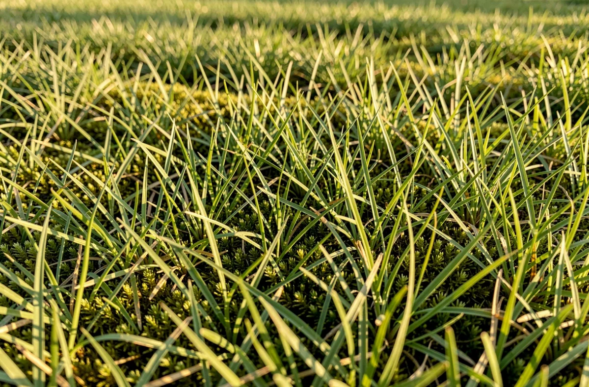 Pelouse dense de zoysia non tondue à l'aspect moussu