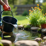 Personne utilisant un seau pour puiser de l'eau dans un petit bassin de jardin