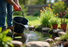 Personne utilisant un seau pour puiser de l'eau dans un petit bassin de jardin