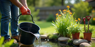 Personne utilisant un seau pour puiser de l'eau dans un petit bassin de jardin