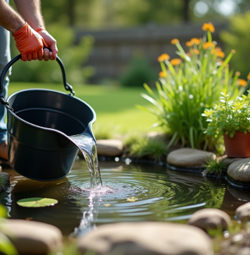 Personne utilisant un seau pour puiser de l'eau dans un petit bassin de jardin