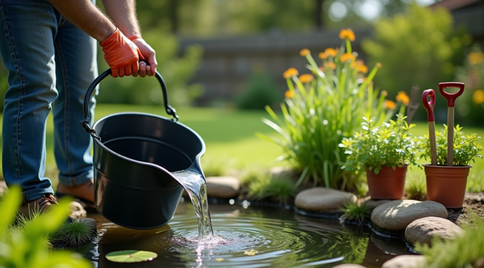 Personne utilisant un seau pour puiser de l'eau dans un petit bassin de jardin