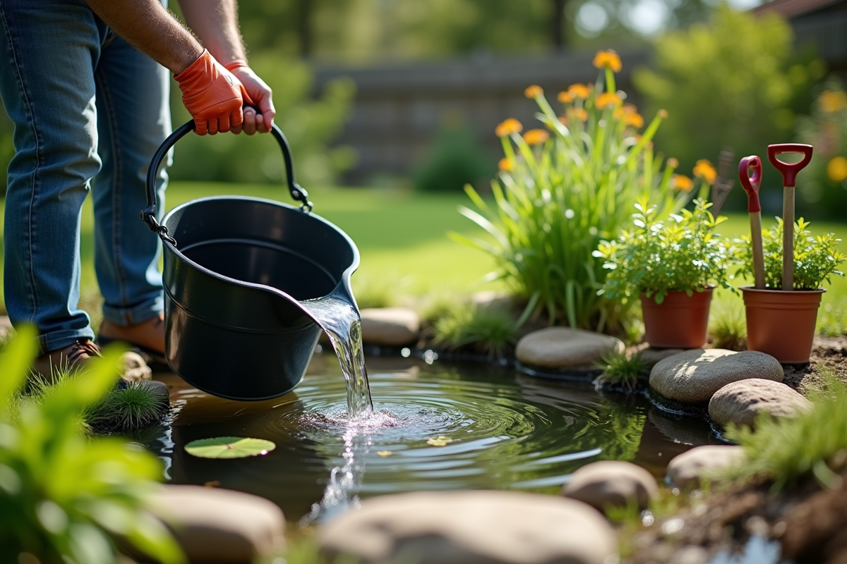 Personne utilisant un seau pour puiser de l'eau dans un petit bassin de jardin