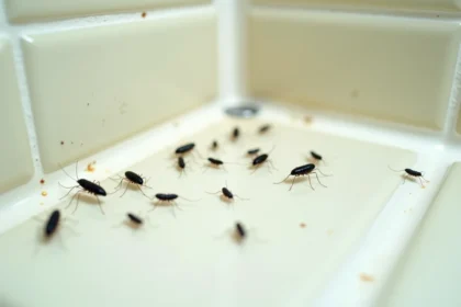 Gros plan sur de petites bêtes noires sautant sur un carrelage de salle de bain, identification des nuisibles domestiques