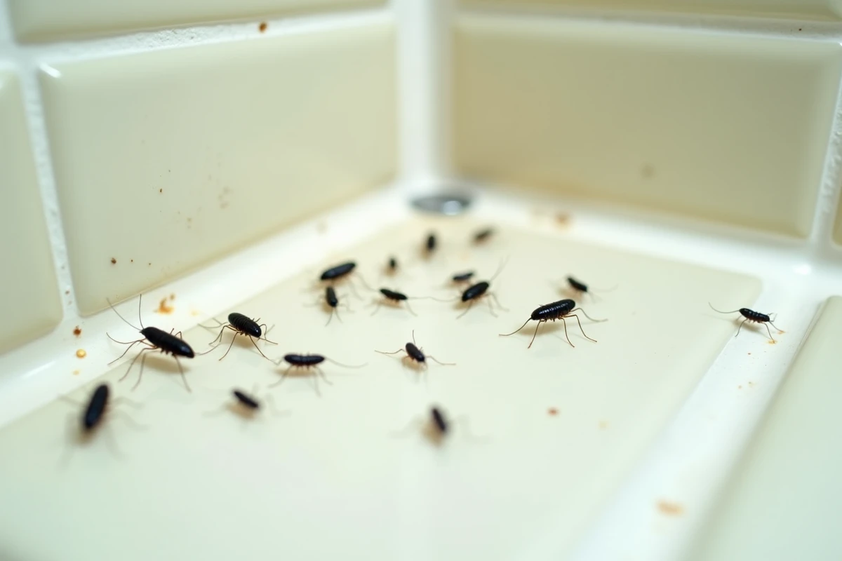 Gros plan sur de petites bêtes noires sautant sur un carrelage de salle de bain, identification des nuisibles domestiques