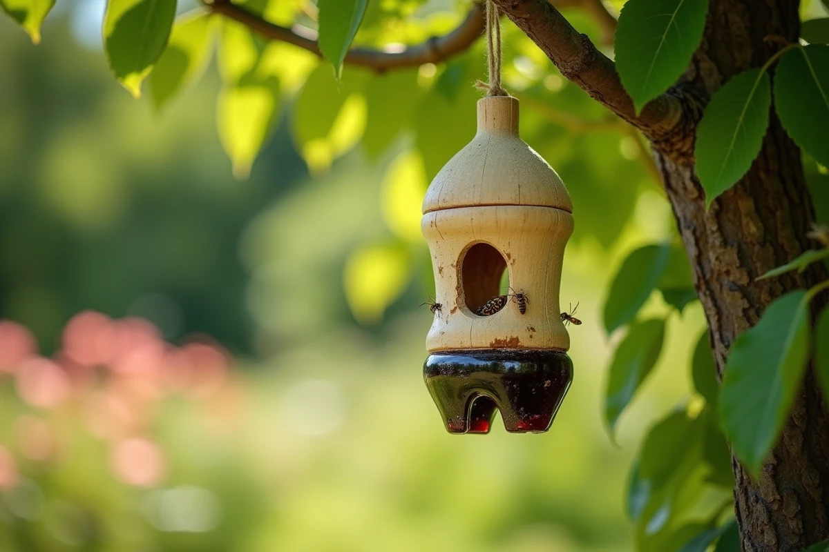 Piège à guêpes artisanal fait maison suspendu à une branche d'arbre dans un jardin, respectueux des abeilles