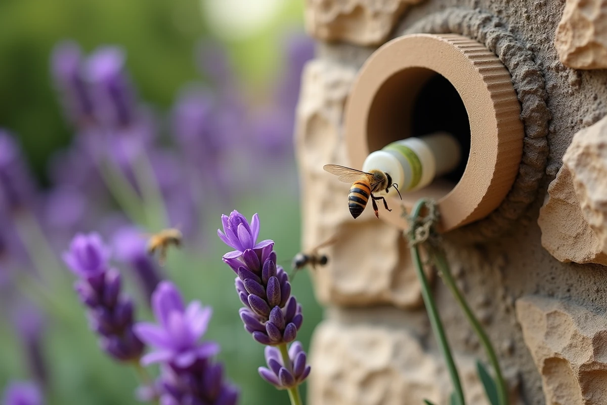 Gros plan sur l'entrée d'un piège à guêpes artisanal avec une abeille sur lavande à proximité, sans danger pour les pollinisateurs