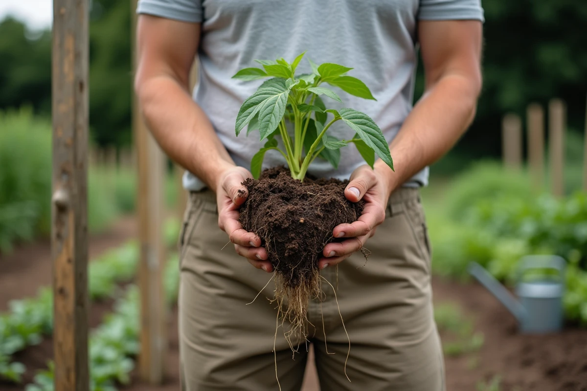 Jardinier tenant un plant de haricot vert arraché révélant un système racinaire peu développé