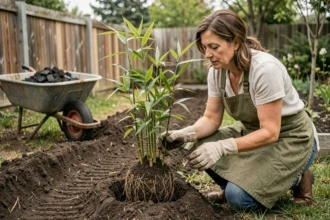 Femme plantant un bambou non traçant dans une tranchée de jardin en évitant les erreurs courantes
