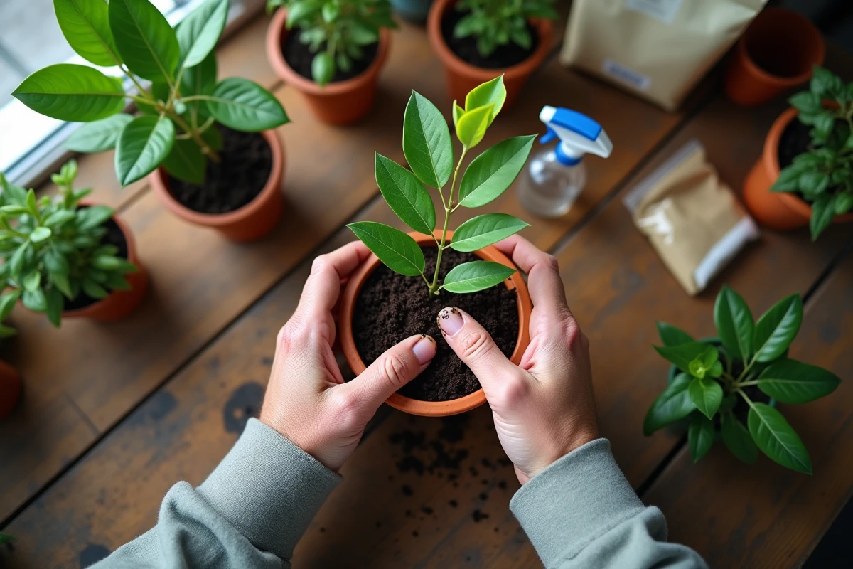 Mains expérimentées plantant une bouture de laurier dans un pot en terre cuite avec du terreau