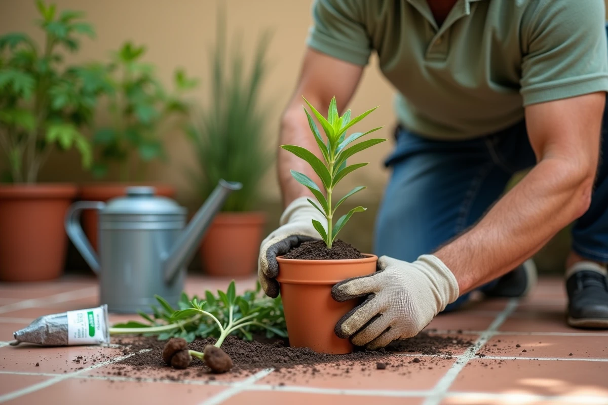 Homme plantant une bouture de laurier rose dans un pot en terre cuite avec de la poudre d'hormones d'enracinement