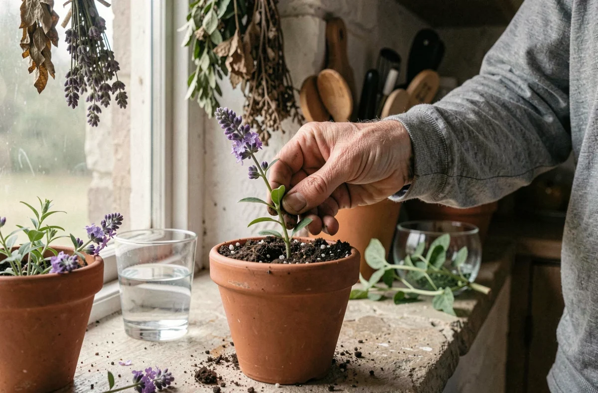 Mains qui plantent une bouture de lilas dans un pot en terre cuite rempli de terreau, technique de bouturage débutant