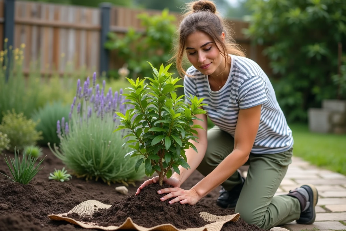 Plantation d'un jeune laurier rose accompagné de plantes répulsives comme la lavande pour éviter les pucerons