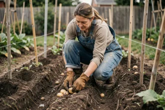 Femme jardiniÃ¨re plantant des pommes de terre en rangs dans un potager avec un sol meuble et humide