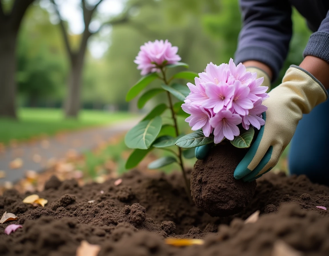 Mains gantées d'un jardinier plantant un rhododendron en pleine terre près d'un hortensia rose dans un jardin ombragé
