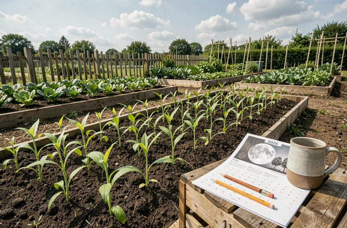 Rangées de jeunes plants de haricots verts dans un potager avec un calendrier lunaire 2026 posé sur une caisse en bois