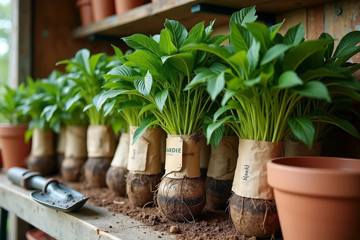 Plants de vivaces Promesse de Fleurs emballés prêts à planter sur un établi de jardin