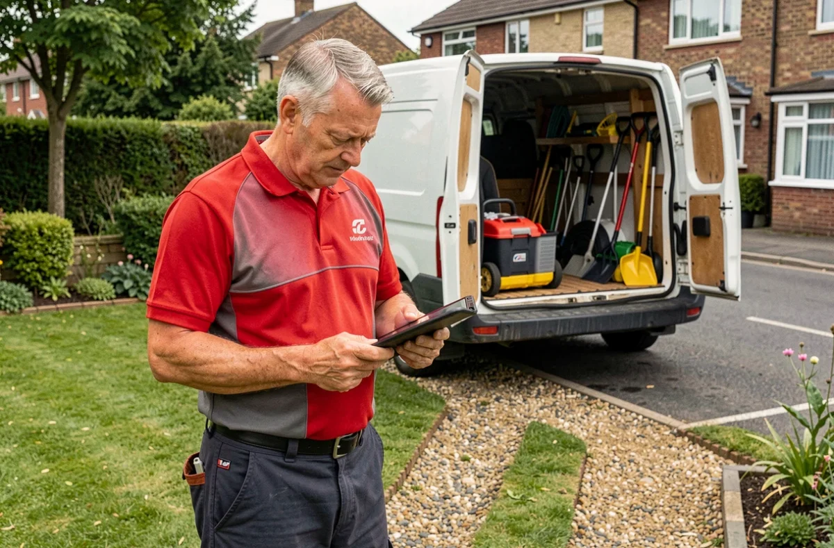 Technicien de Point-Services consultant une tablette numérique devant un jardin résidentiel entretenu