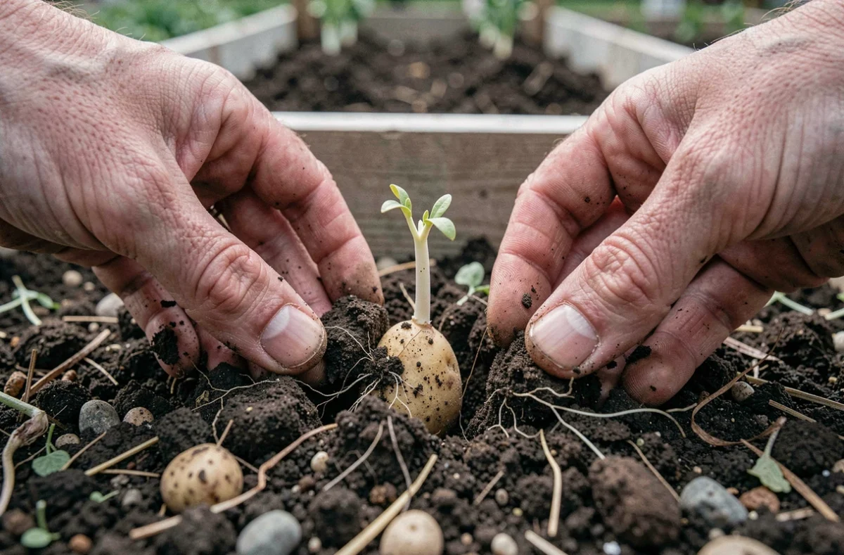 Mains découvrant une pomme de terre germée dans la terre d'un potager surélevé avec des pousses blanches naissantes