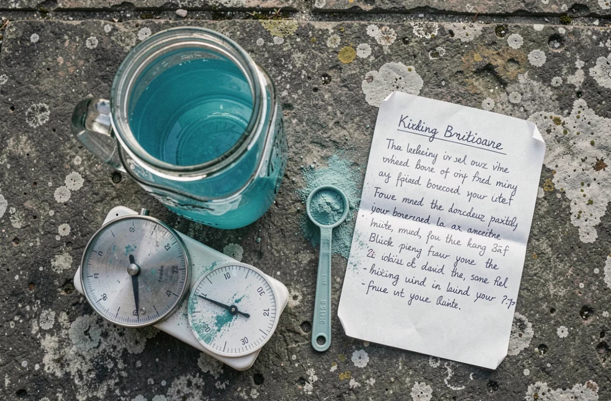 Préparation de bouillie bordelaise dosée pour un litre d'eau avec balance et cuillère doseuse sur pierre