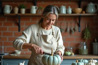 Femme découpant une citrouille bleue sur une planche en bois dans une cuisine rustique avec herbes séchées et épices