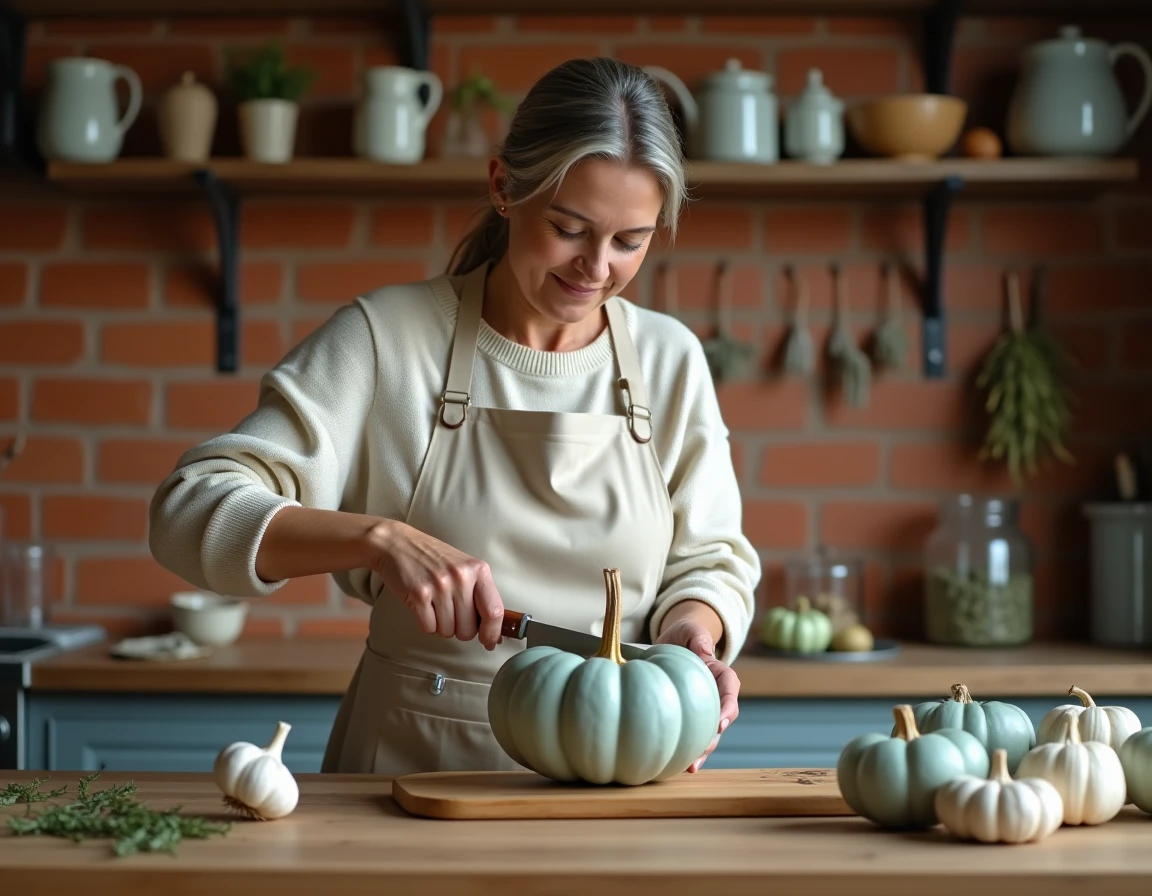 Femme découpant une citrouille bleue sur une planche en bois dans une cuisine rustique avec herbes séchées et épices
