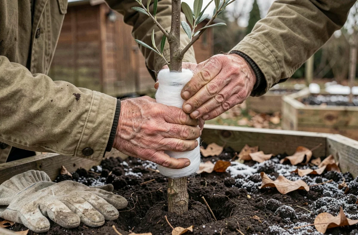 Jardinier protégeant le tronc d'un jeune olivier avec un voile d'hivernage contre le gel