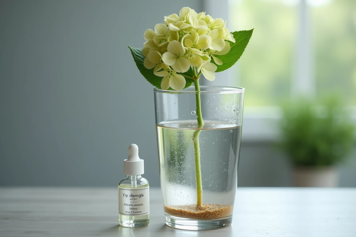 Gros plan sur les racines naissantes d'une bouture d'hortensia dans un vase en verre avec engrais liquide à proximité