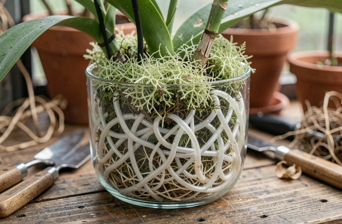 Racines saines d'orchidée dans de la sphaigne humide en pot de verre transparent sans pourriture