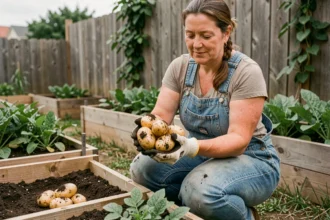 Jardinière débutante tenant des pommes de terre Columbia fraîchement récoltées dans son potager surélevé en bois