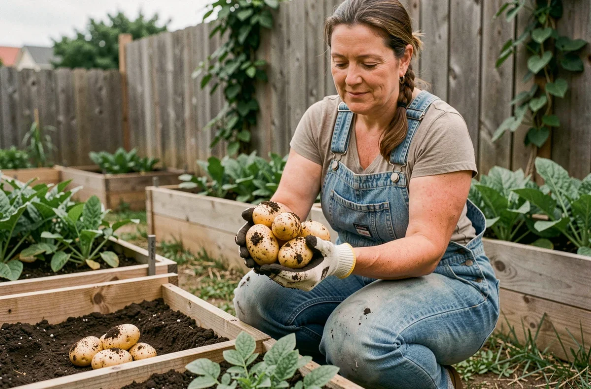 Jardinière débutante tenant des pommes de terre Columbia fraîchement récoltées dans son potager surélevé en bois