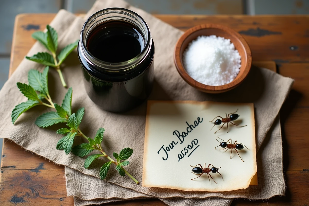 Vue de dessus d'une table en bois avec savon noir, sel et herbes séchées comme remèdes naturels contre les fourmis ailées