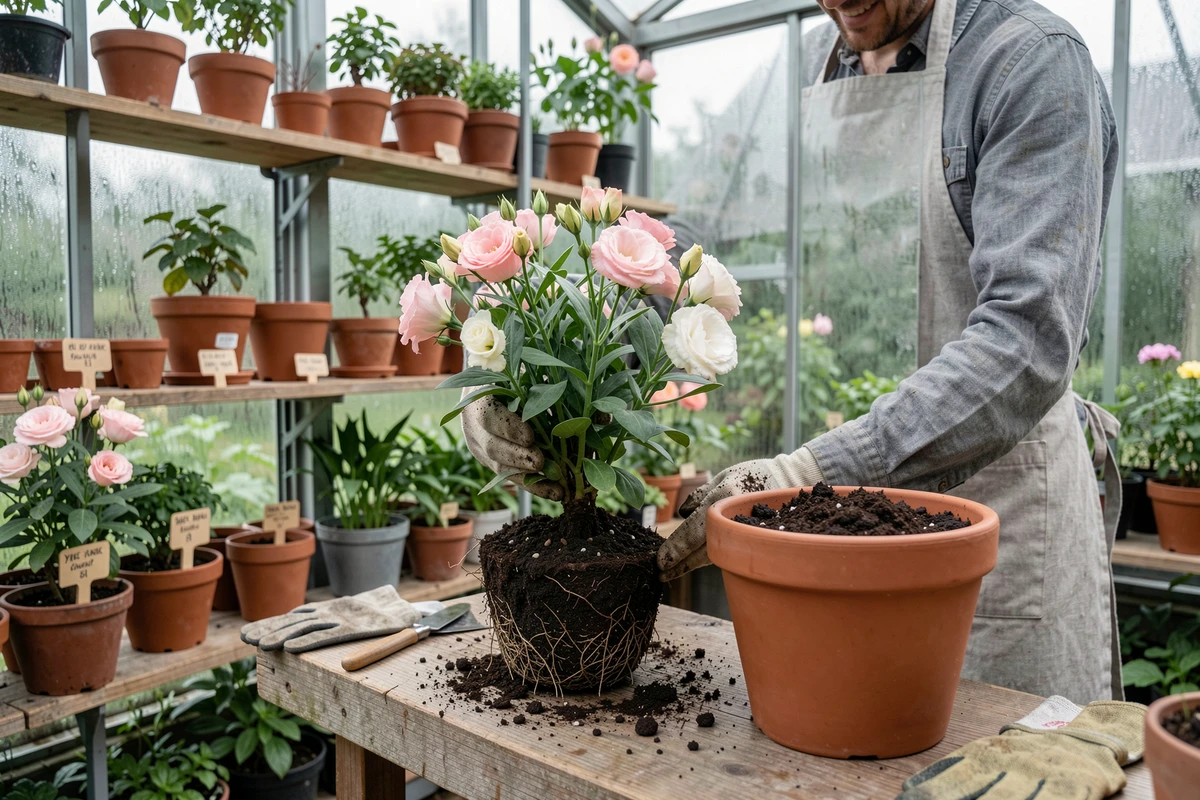 Rempotage d'un lisianthus dans une serre avec un pot en terre cuite et du terreau frais sur une table de jardinage en bois