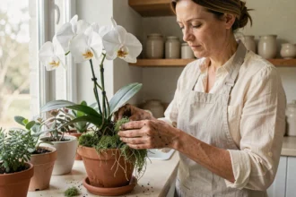Femme rempotant une orchidée Phalaenopsis dans de la sphaigne humide pour prévenir la pourriture des racines