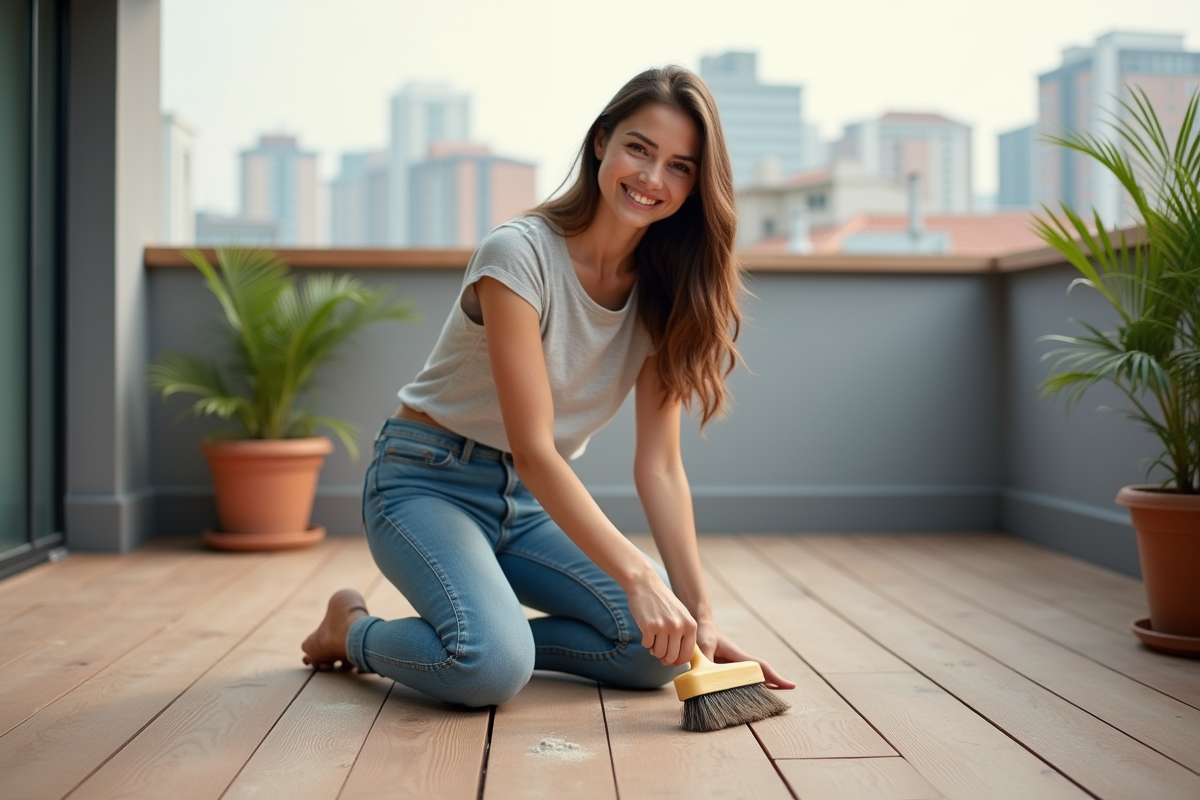 Jeune femme souriante nettoie des planches en bois rénové sur un balcon urbain
