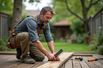 Homme en tenue de travail répare une terrasse en bois extérieure