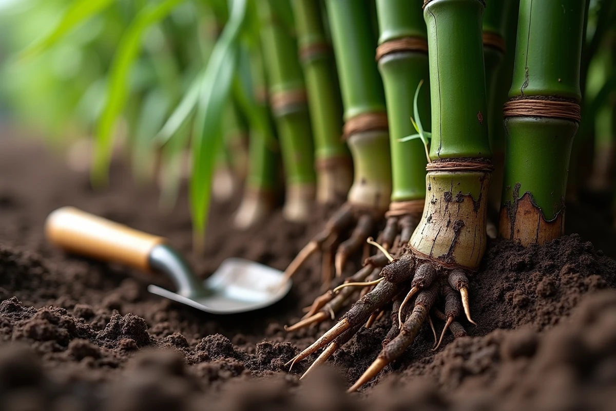 Gros plan sur les rhizomes compacts d'un bambou non traçant partiellement exposés dans la terre du jardin