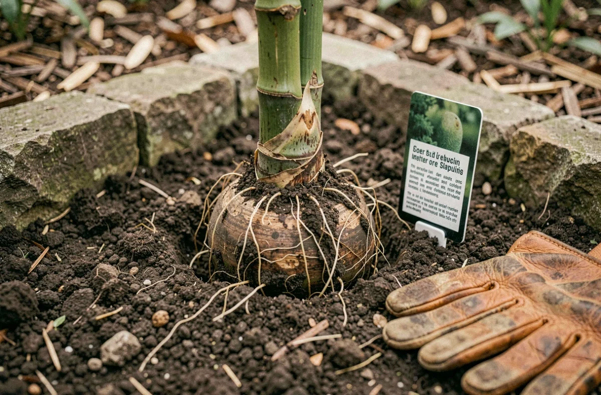 Rhizomes de bambou non traçant plantés dans le sol avec étiquette et mulch, détail de plantation