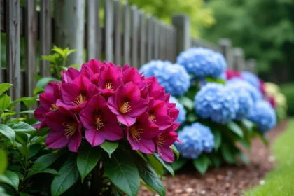 Rhododendron à fleurs magenta planté en pleine terre aux côtés d'hortensias bleus dans un jardin résidentiel bien entretenu