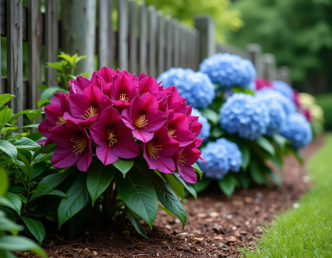 Rhododendron à fleurs magenta planté en pleine terre aux côtés d'hortensias bleus dans un jardin résidentiel bien entretenu