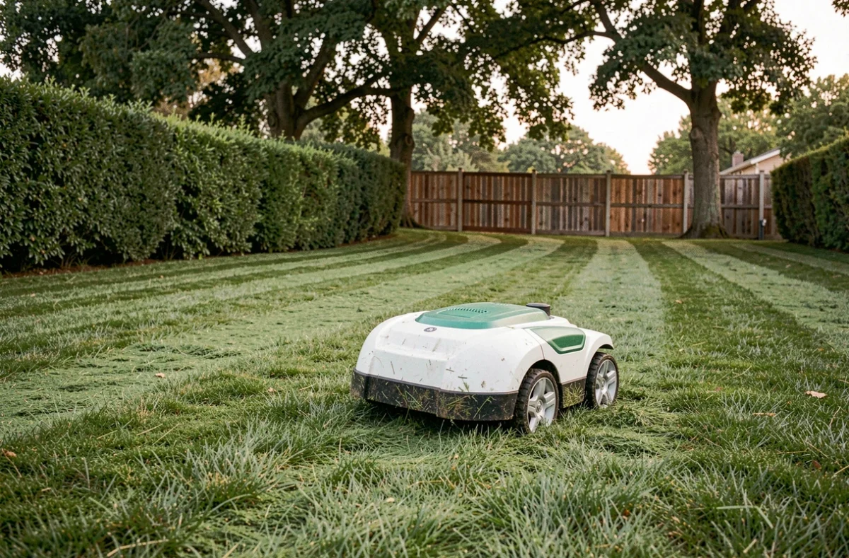Robot tondeuse Kress autonome en action sur un grand jardin en pente avec pelouse uniforme et haies en arrière-plan