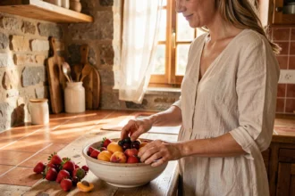 Femme préparant une salade de fruits d'été avec fraises, pêches et cerises dans une cuisine rustique en pierres