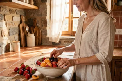 Femme préparant une salade de fruits d'été avec fraises, pêches et cerises dans une cuisine rustique en pierres