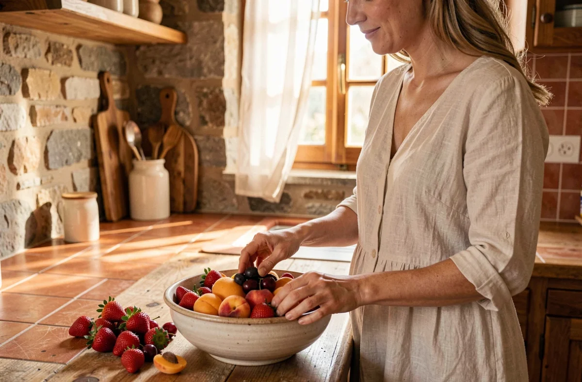 Femme préparant une salade de fruits d'été avec fraises, pêches et cerises dans une cuisine rustique en pierres