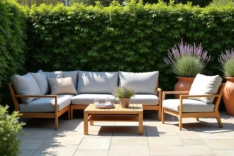 Salon de jardin modulable gris clair avec canapé d'angle, table basse en bois et fauteuils sur une terrasse en pierre