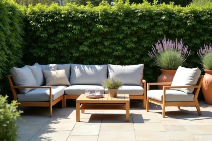 Salon de jardin modulable gris clair avec canapé d'angle, table basse en bois et fauteuils sur une terrasse en pierre